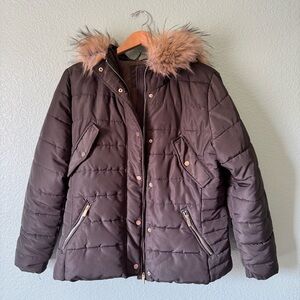 H&M Brown Puffer Jacket with Faux Fur Hood